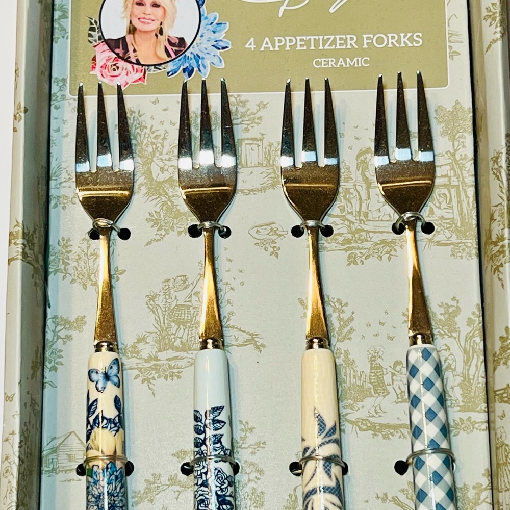 4 Dolly Parton Ceramic Handle Appetizer Forks Blue Flowers Gingham Butterfly - Picture 7 of 8